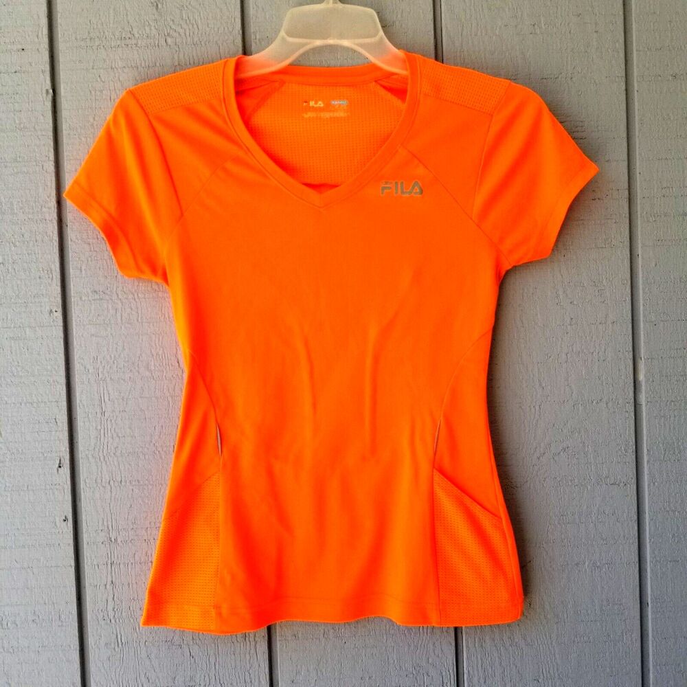 Fila Athletic Top Womens XS Orange Reflective V-Neck Mesh Inserts Pocket